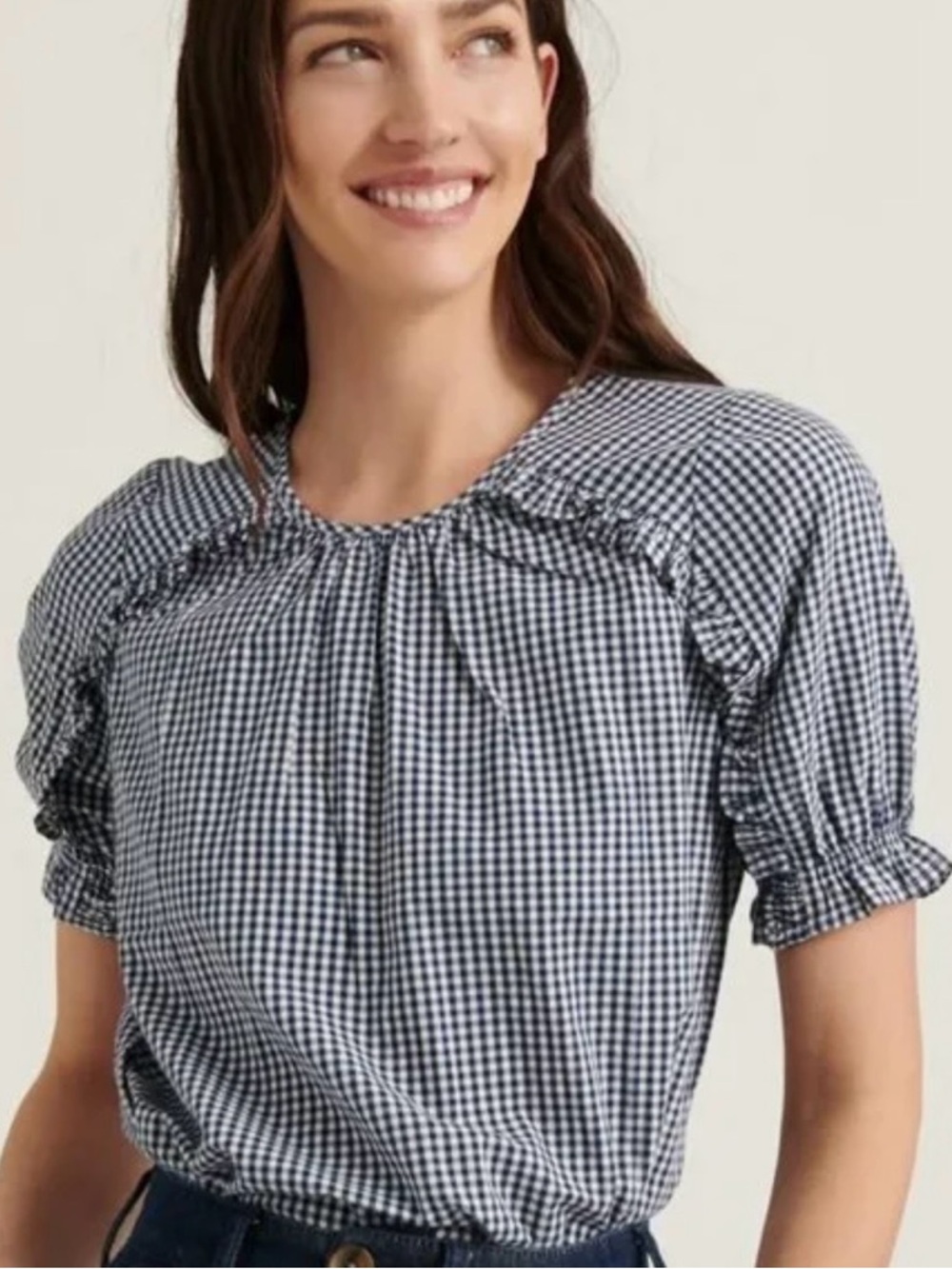 Lucky Brand Women's Blue and White 
Gingham Shirt Sleeve Ruffle Shirt Sz:Large